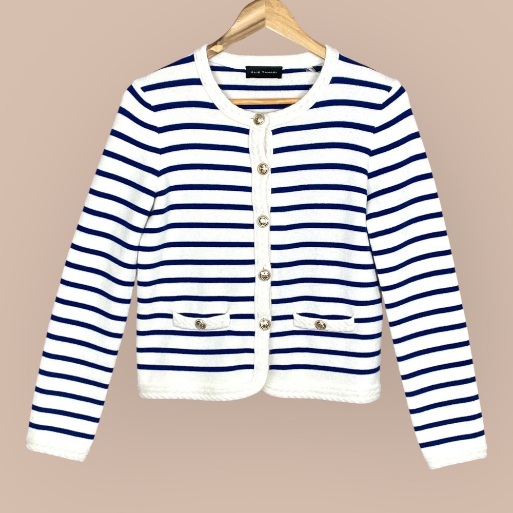 Elie Tahari Preppy Coastal Striped Cardigan Sweater Womens S Parisian Old Money